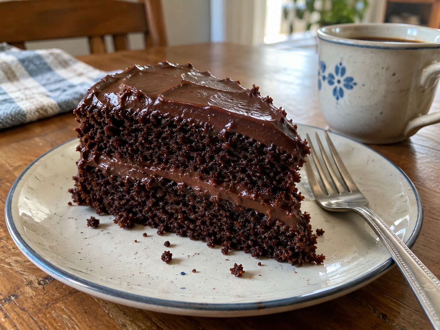 Slice of easy chocolate cake showing its moist crumb and chocolate ganache