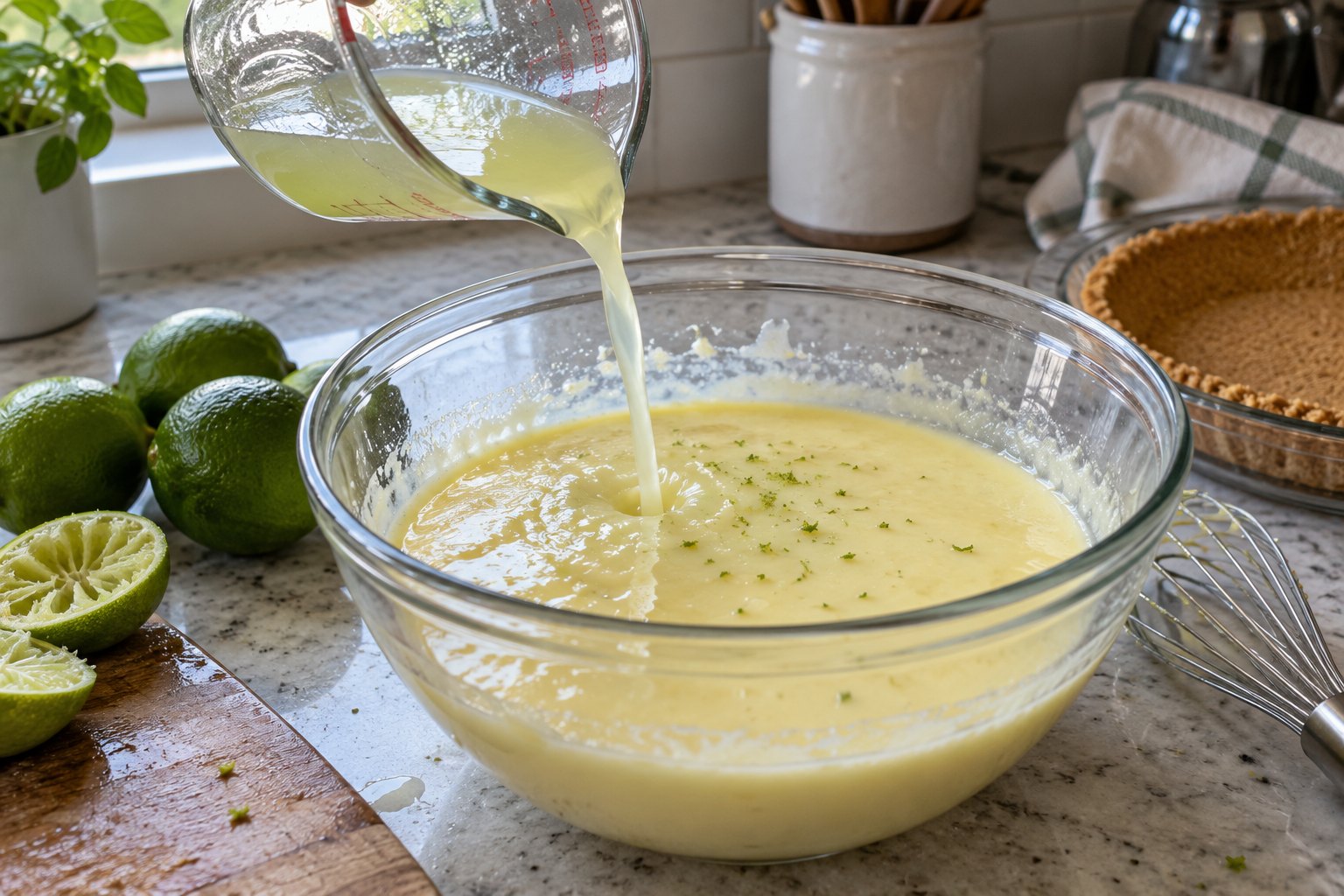 Preparing the creamy filling for a key lime pie recipe