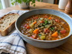 Hearty Lentil Soup (One-Pot Vegetable Dinner) Hearty lentil soup with vegetables and herbs served in a bowl.
