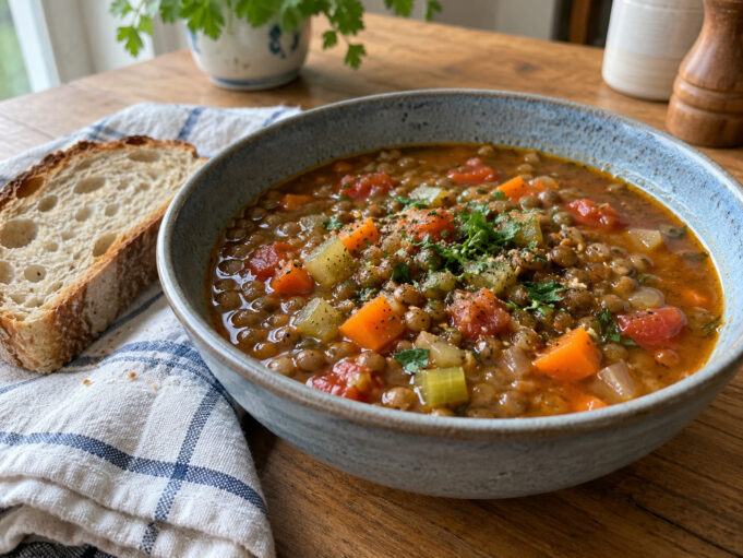 lentil-soup-finished Hearty lentil soup with vegetables and herbs served in a bowl.