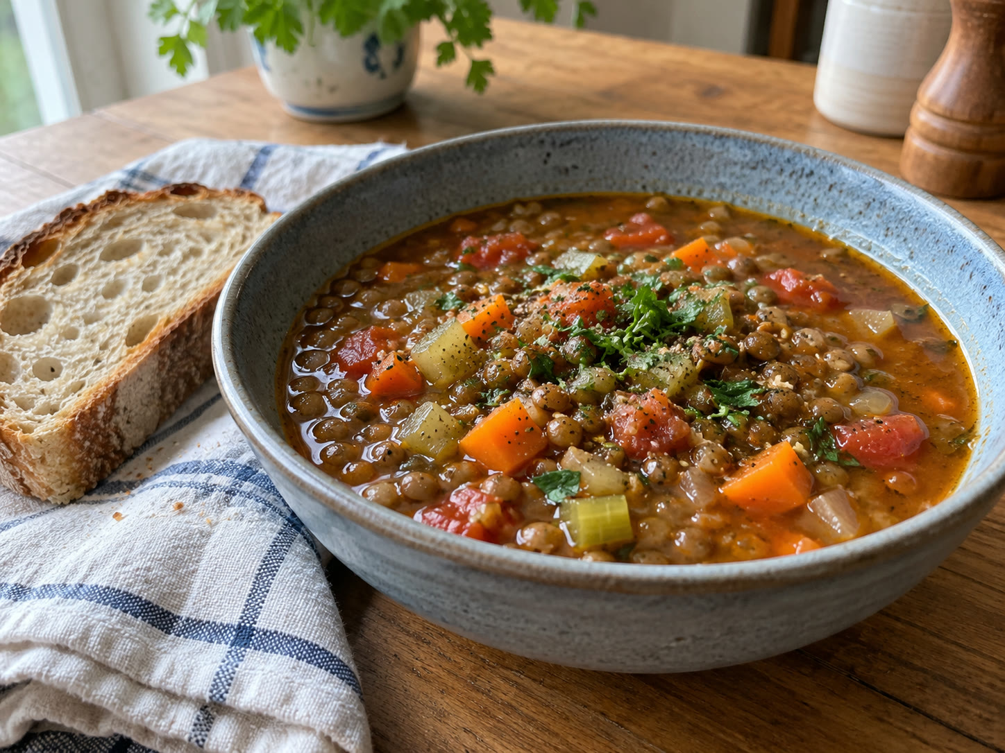 Hearty lentil soup with vegetables and herbs served in a bowl.