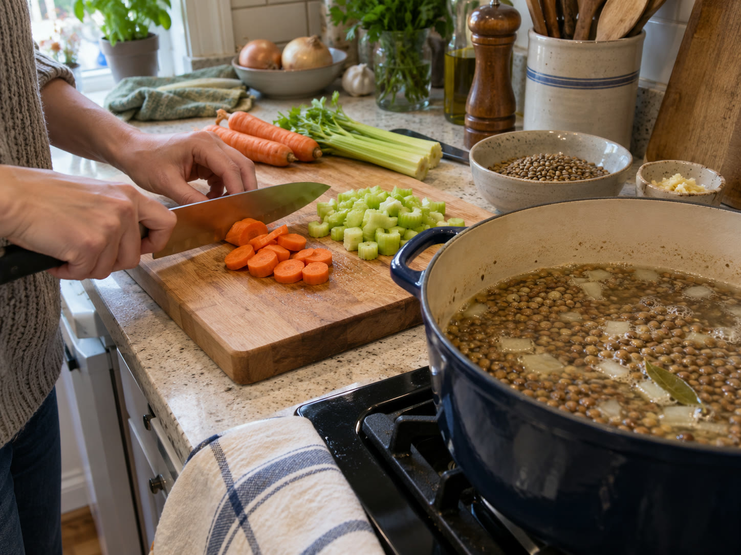 Hearty Lentil Soup ingredients and preparation steps arranged on a home kitchen counter