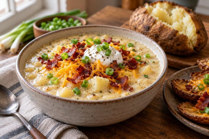 Creamy loaded baked potato soup topped with cheddar, bacon, and green onions