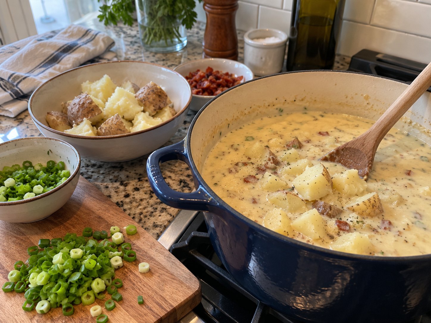 Diced russet potatoes and toppings ready for loaded baked potato soup