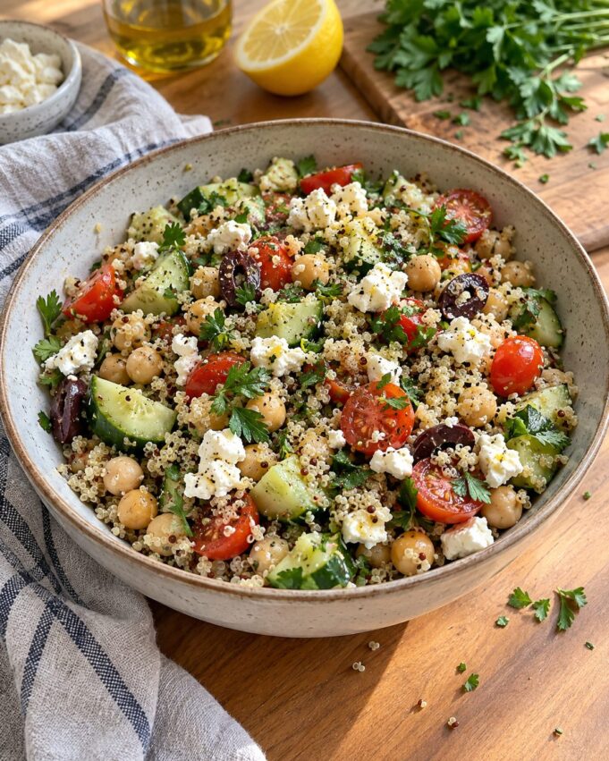 Mediterranean quinoa salad with cucumber, tomatoes, chickpeas, feta, olives, and parsley in a ceramic bowl