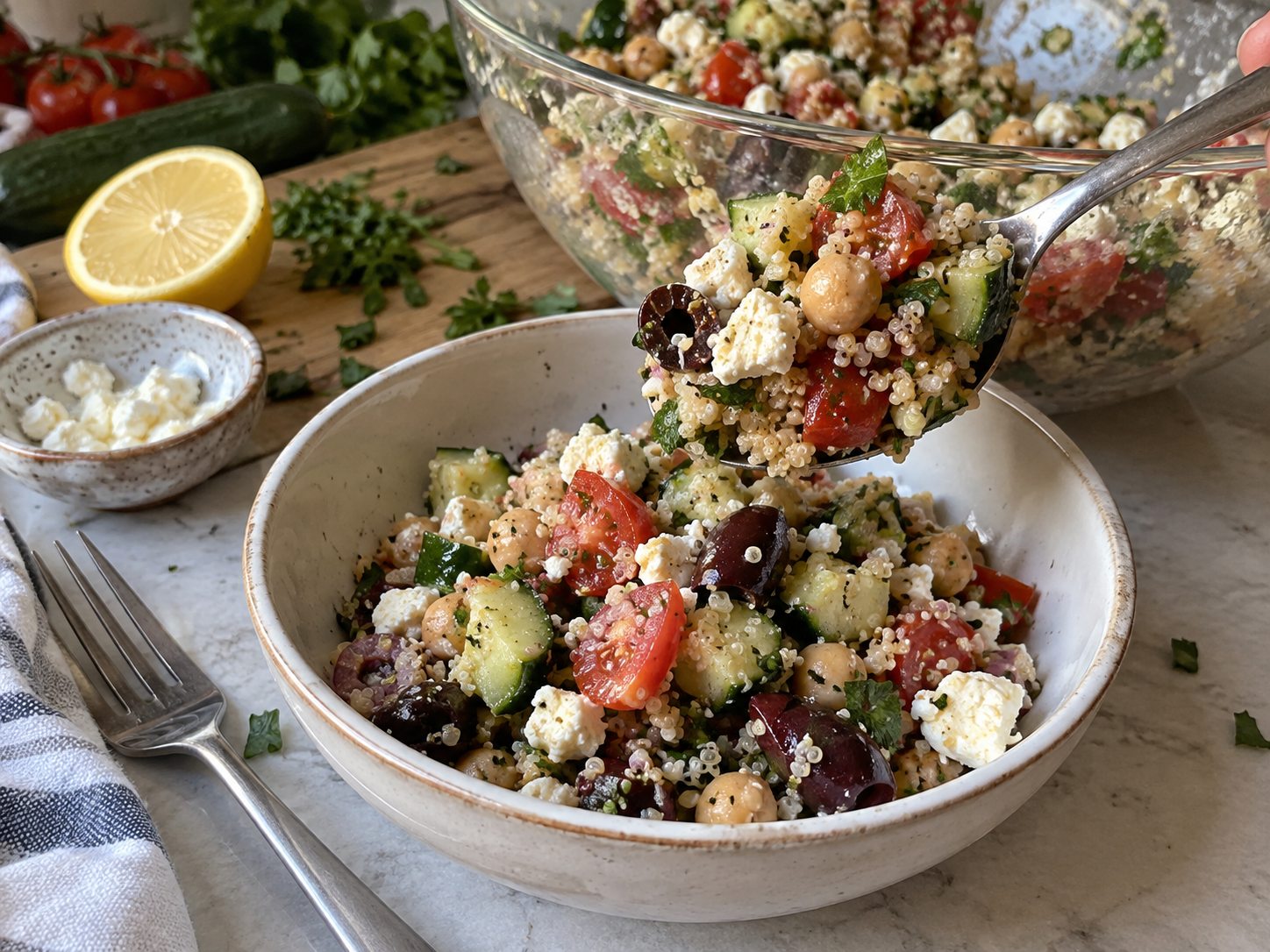 A spoon serving Mediterranean quinoa salad with chickpeas, cucumber, olives, feta, and tomatoes