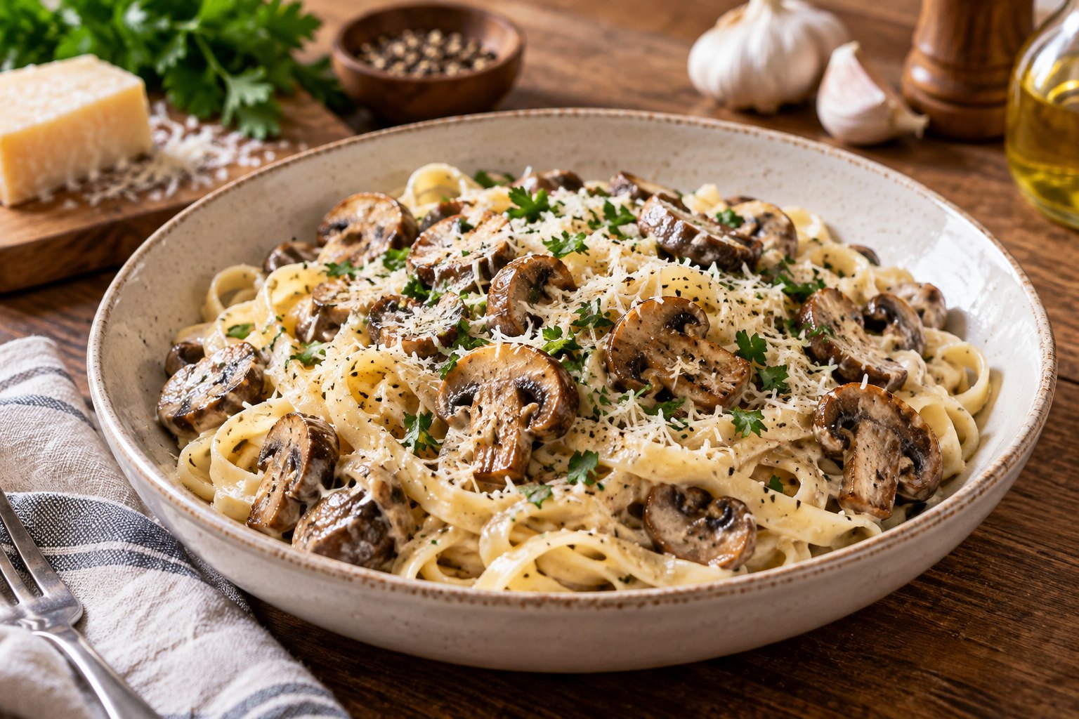Creamy garlic mushroom pasta with browned cremini mushrooms and Parmesan