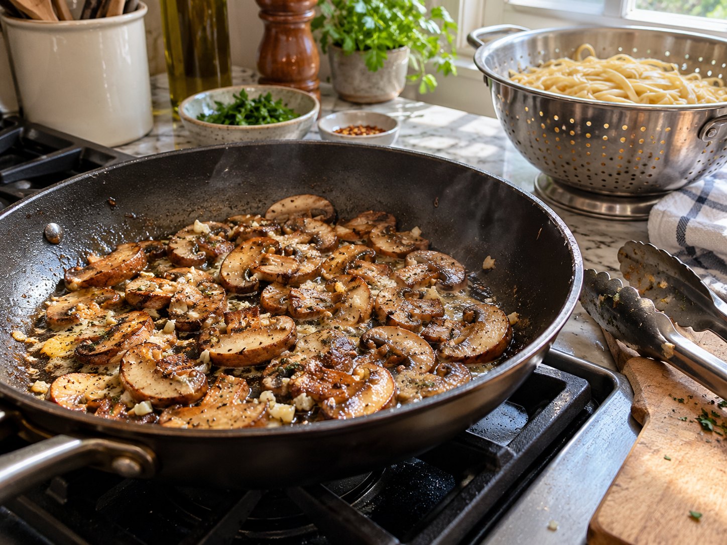 Cremini mushrooms, garlic, herbs, and pasta prepared for creamy mushroom pasta