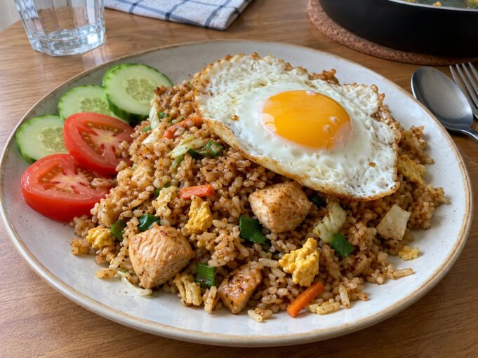 Indonesian nasi goreng fried rice with chicken, egg, and scallions