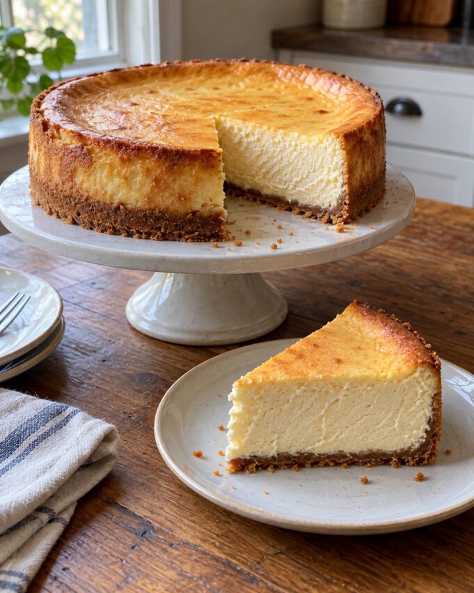 Classic New York cheesecake with a golden top, creamy center, and graham cracker crust