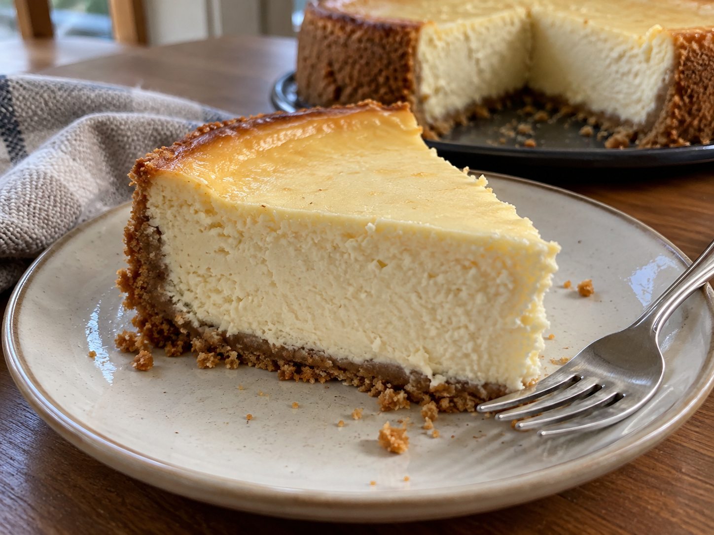 A slice of homemade New York cheesecake showing its creamy filling and crumb crust