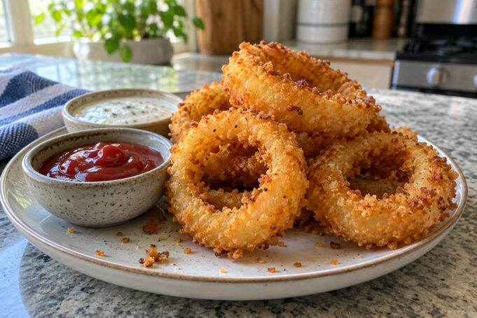 Golden crispy homemade onion rings served as a side.