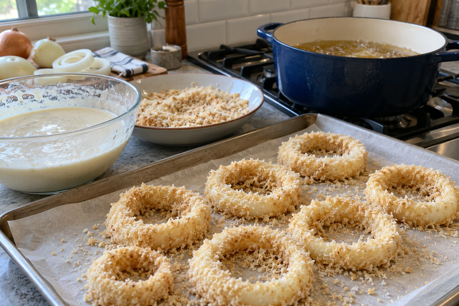 Crispy Homemade Onion Rings ingredients and preparation steps arranged on a home kitchen counter