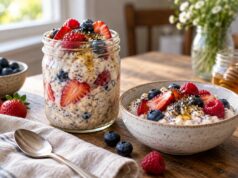 Overnight Oats with Berries (Easy Make-Ahead Breakfast) Overnight oats with fresh berries and chia seeds in a glass jar