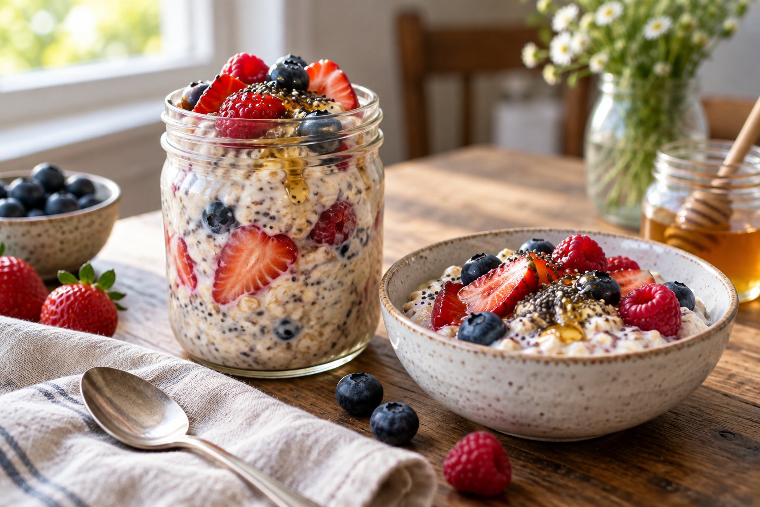 Overnight oats with fresh berries and chia seeds in a glass jar