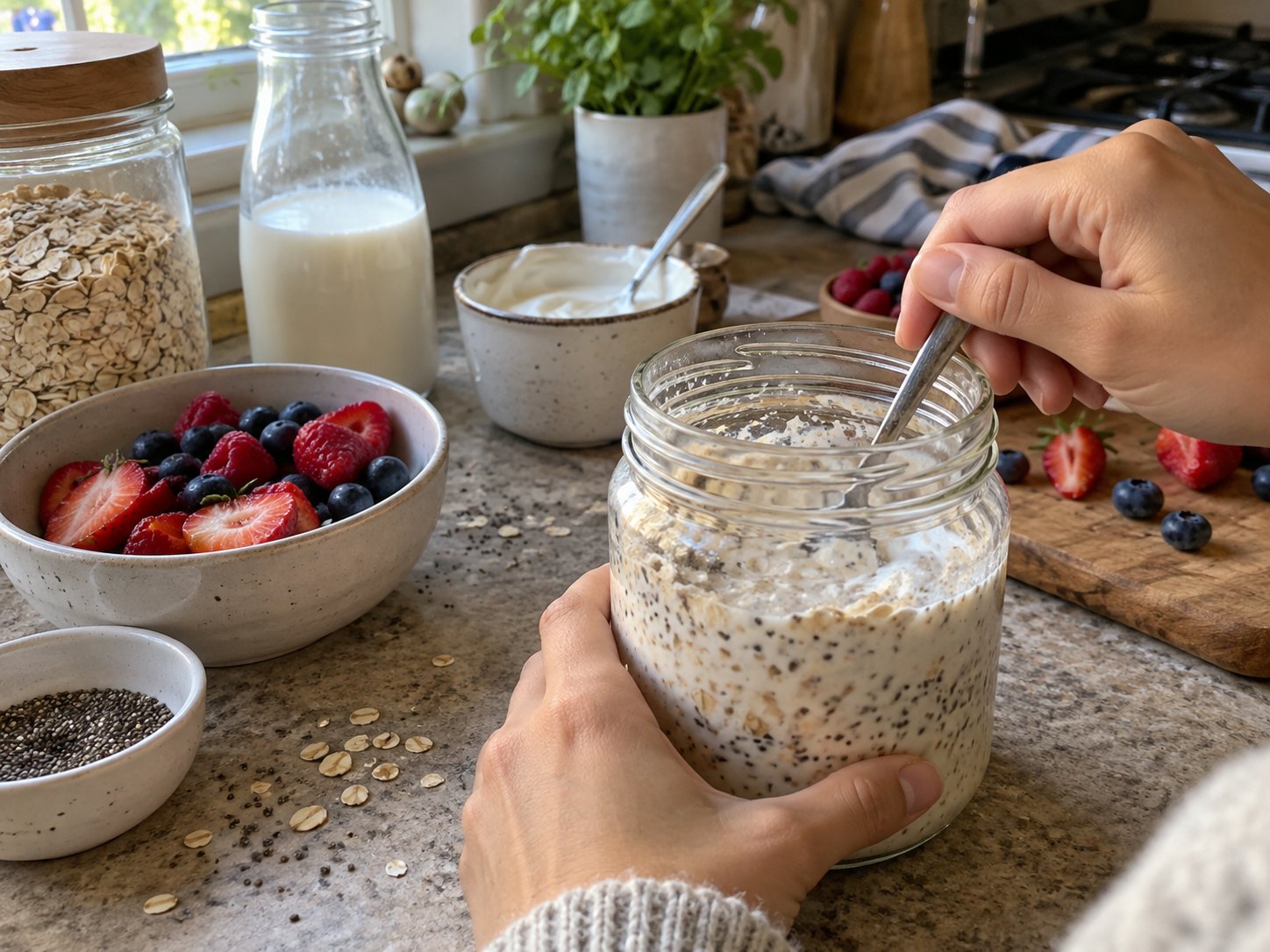 Rolled oats, Greek yogurt, chia seeds, and berries measured for overnight oats