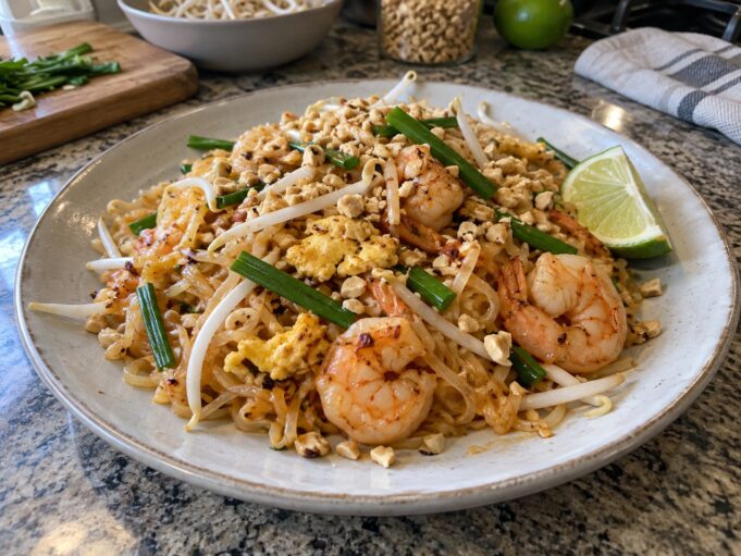 Homemade shrimp Pad Thai with rice noodles, bean sprouts, lime, and crushed peanuts
