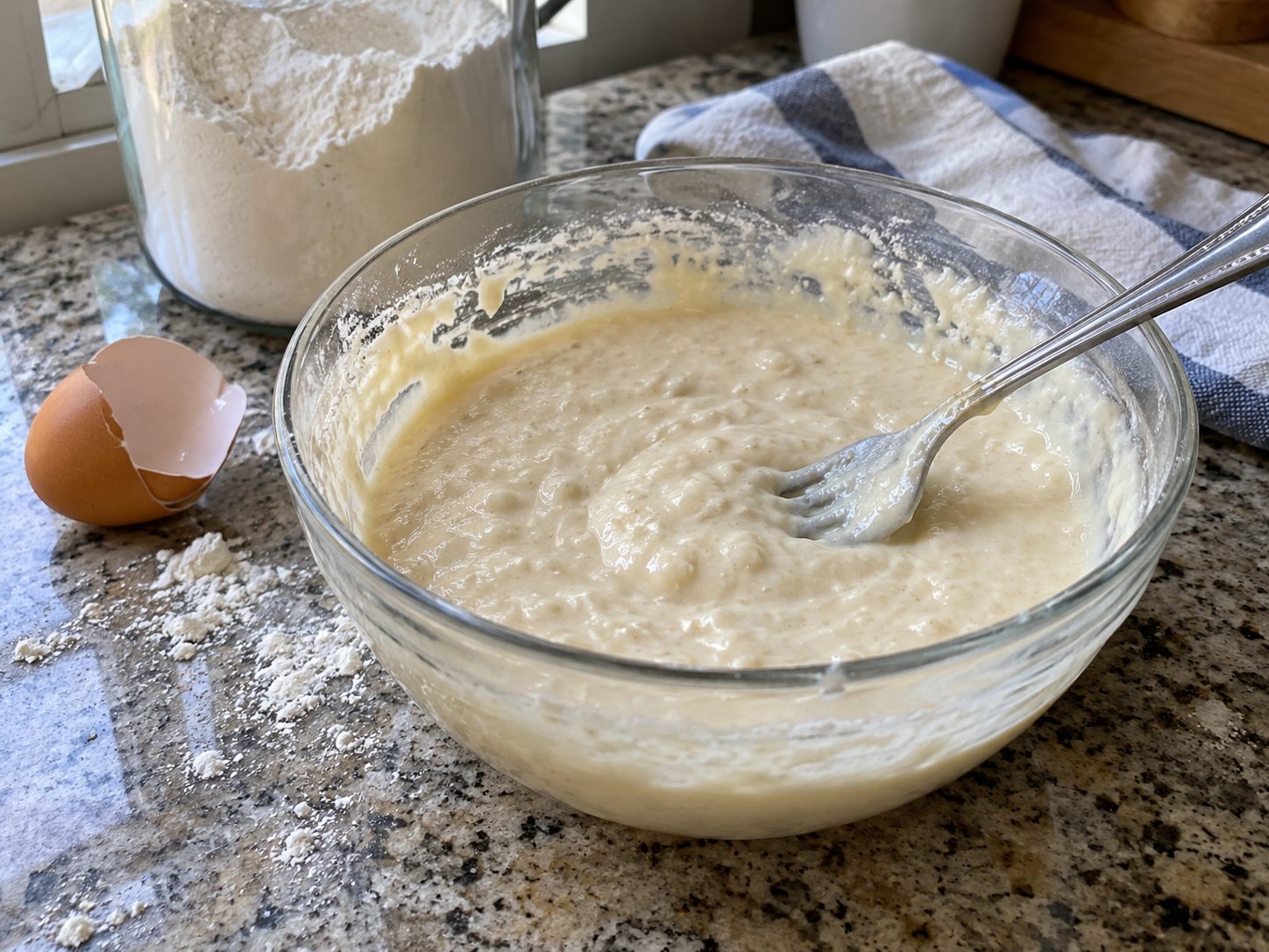Thick buttermilk pancake batter with a few small lumps in a mixing bowl