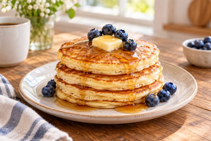 pancakes-hero Fluffy buttermilk pancakes stacked with fresh berries and maple syrup
