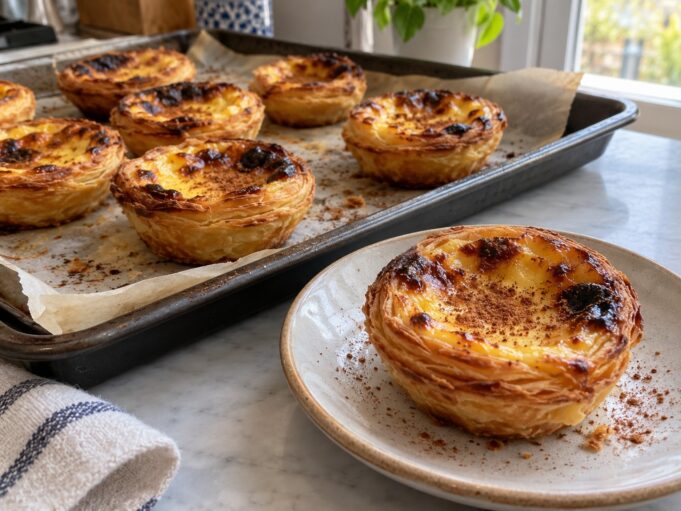 Portuguese pastel de nata with flaky puff pastry and golden egg custard