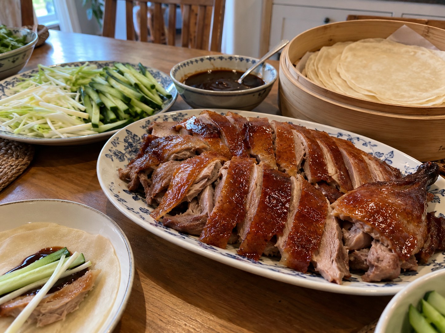 Home-style Peking-style roast duck served with thin pancakes, scallions, cucumber, and hoisin sauce