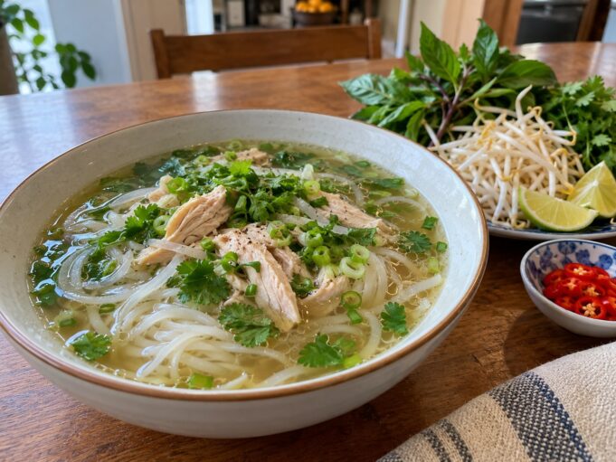 Homemade chicken pho ga with rice noodles, tender chicken, fresh herbs, bean sprouts, and lime