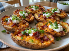 Loaded Potato Skins (Crispy Baked Appetizer) Loaded potato skins topped with cheddar, sour cream, and green onions.
