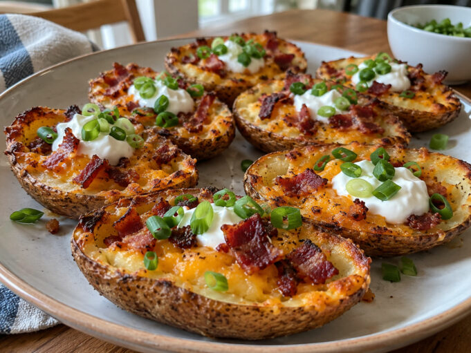 potato-skins-finished Loaded potato skins topped with cheddar, sour cream, and green onions.