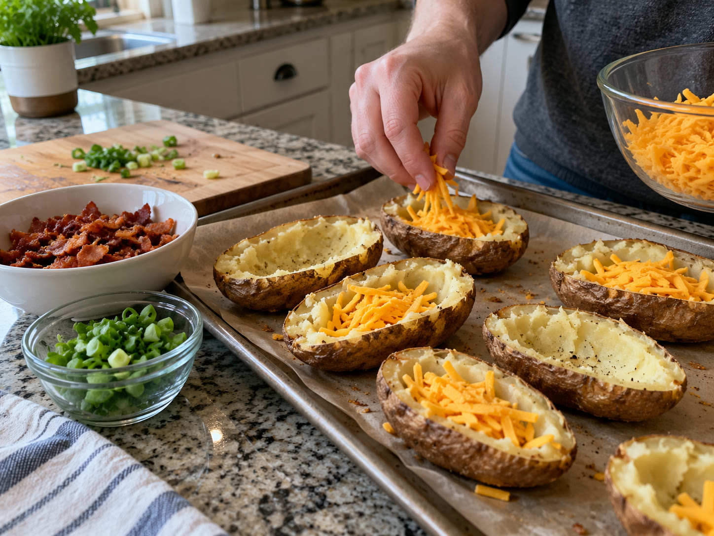 Loaded Potato Skins ingredients and preparation steps arranged on a home kitchen counter