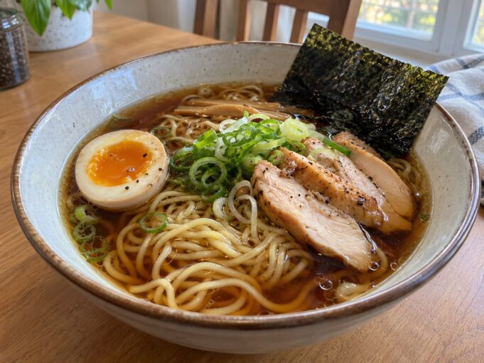 Homemade shoyu chicken ramen with noodles, soft-boiled egg, scallions, and broth