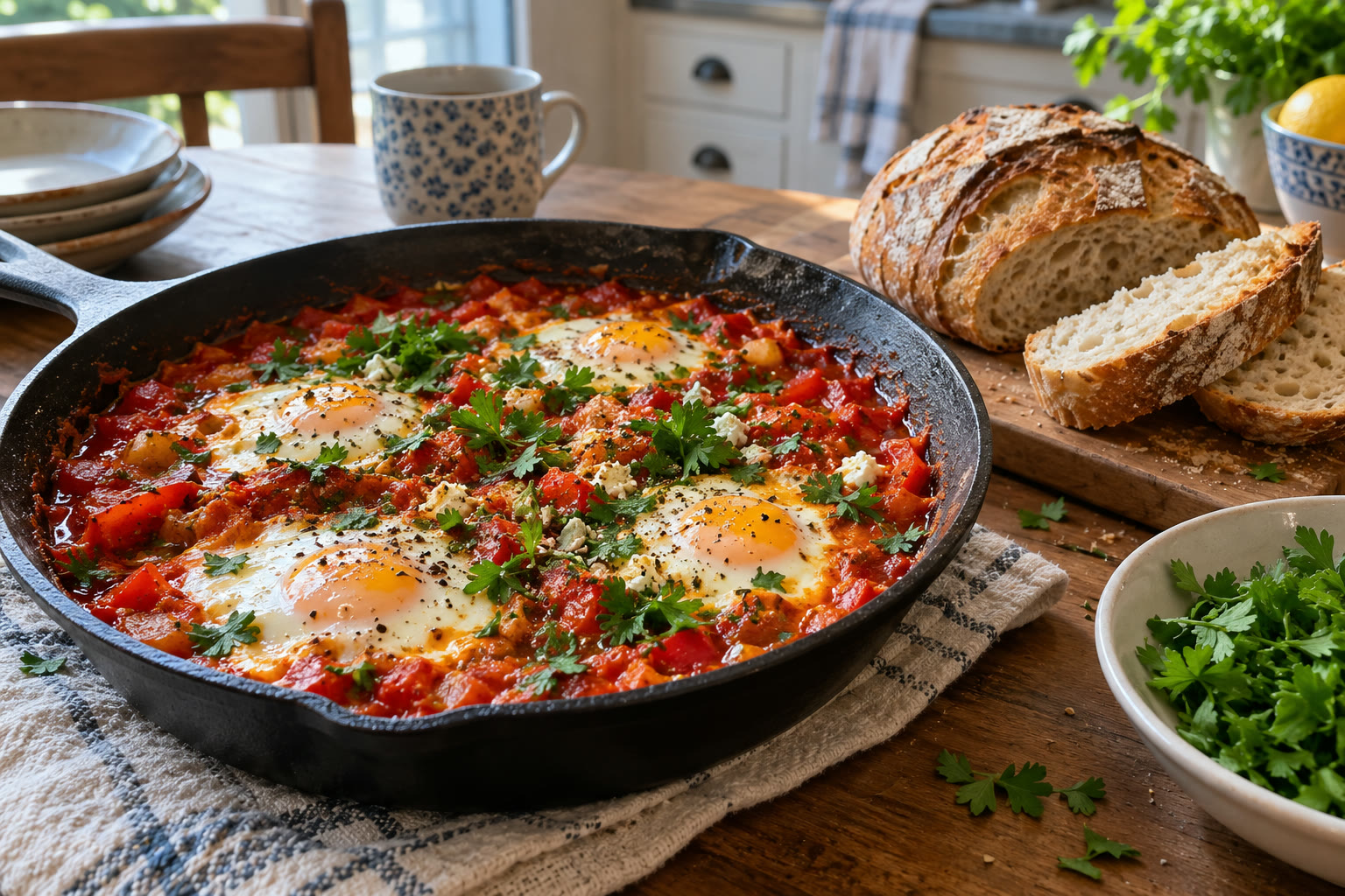 Shakshuka with eggs cooked in spiced tomato and pepper sauce.