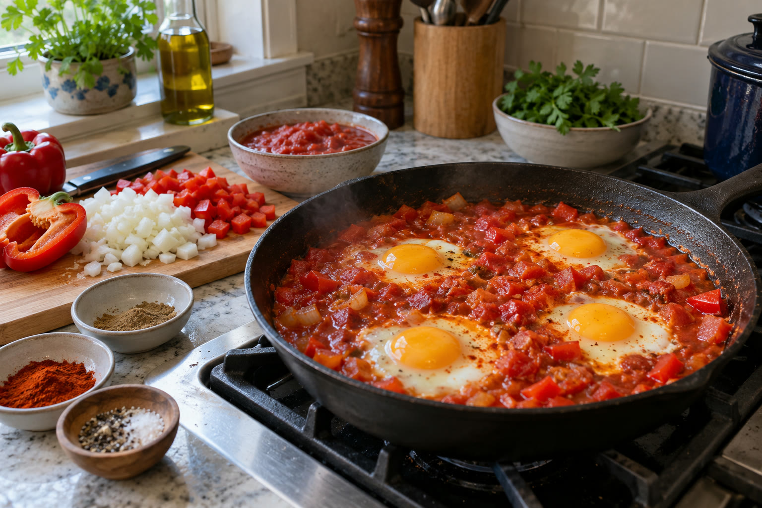 Easy Shakshuka ingredients and preparation steps arranged on a home kitchen counter