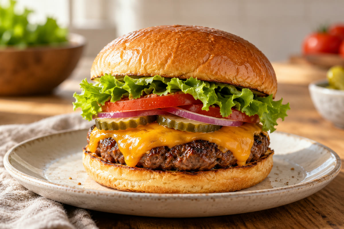 Homemade cheeseburger with melted cheddar, lettuce, tomato, red onion, and pickles.