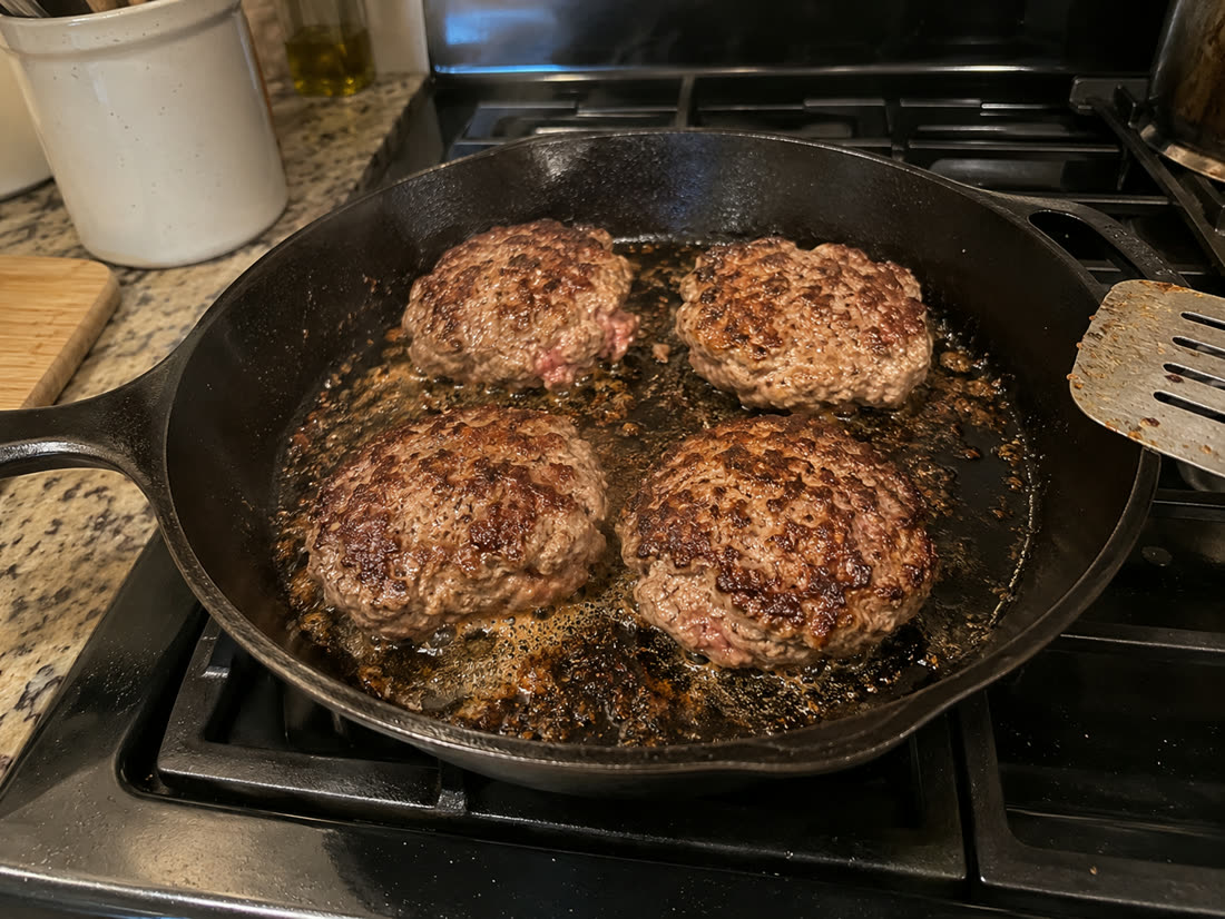 Beef patties browning in a skillet for homemade cheeseburgers.