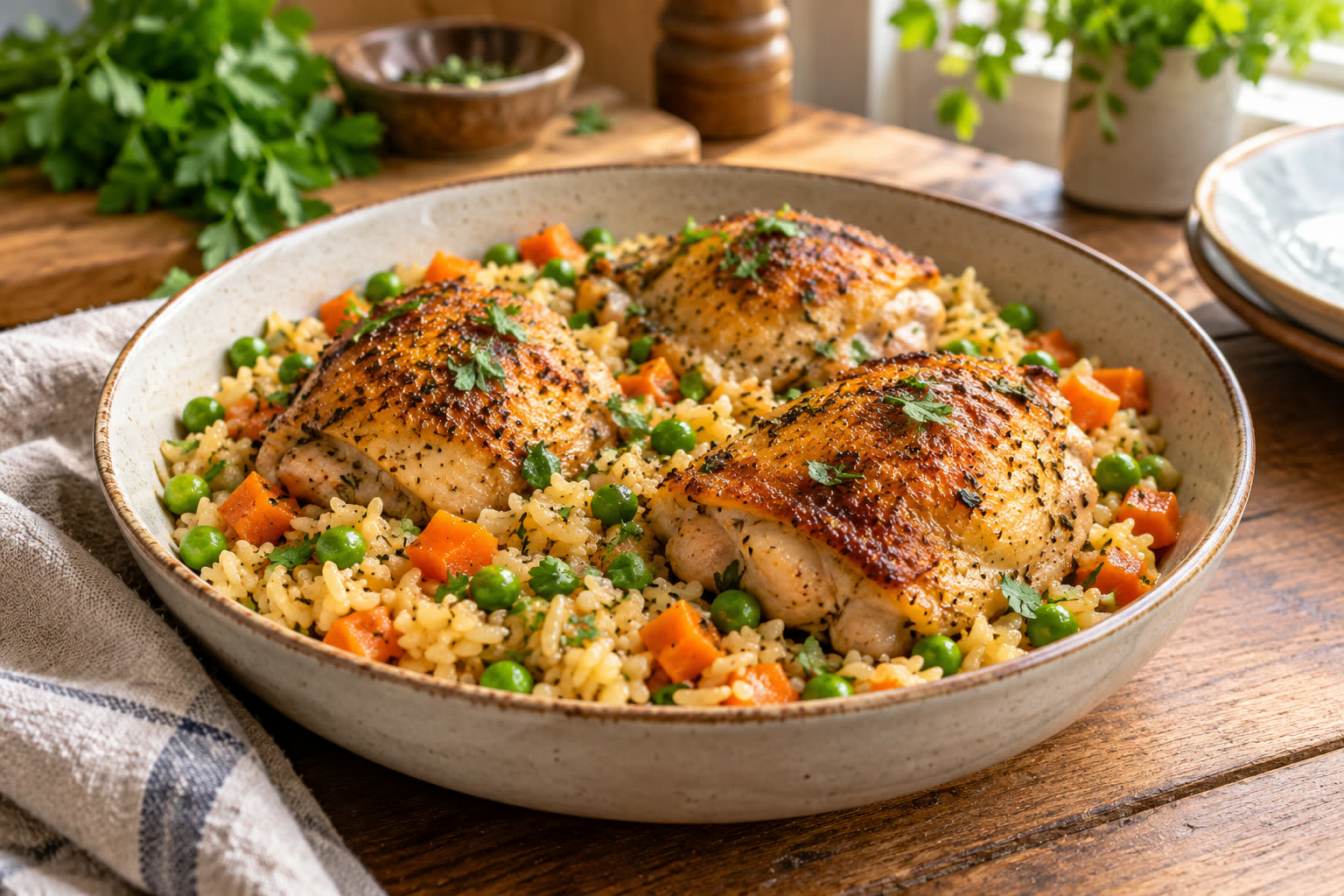One-pot chicken and rice recipe with golden chicken and fluffy rice.