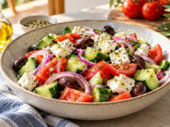 Easy Greek Salad Recipe with Homemade Dressing Greek salad recipe with feta, cucumber, tomatoes, and olives.