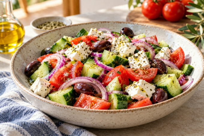 Greek salad recipe with feta, cucumber, tomatoes, and olives.