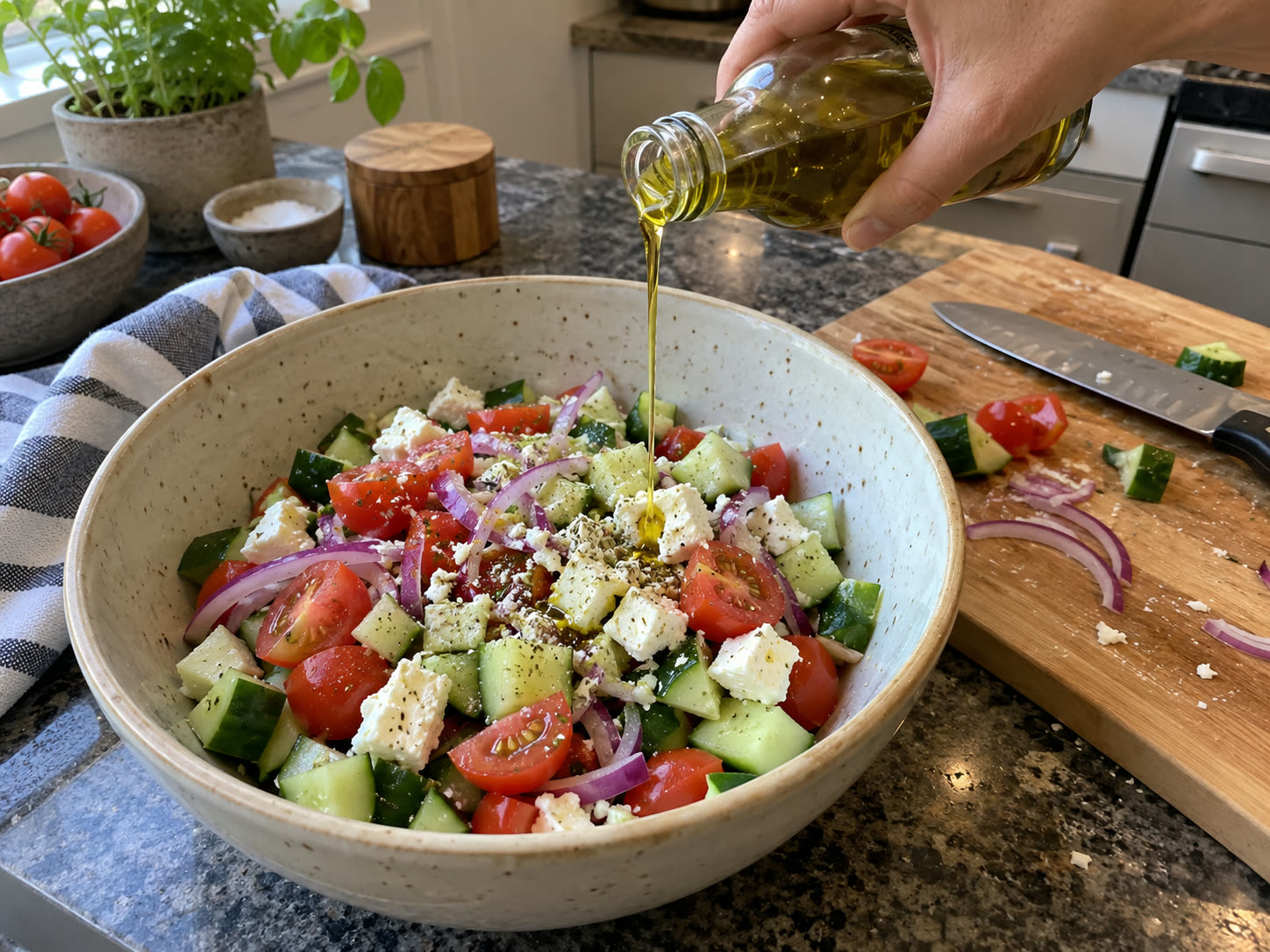Fresh chopped vegetables and feta being tossed for Greek salad.