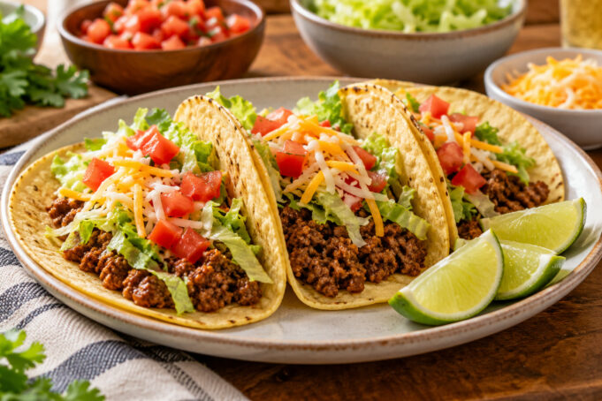 Easy ground beef tacos topped with crisp lettuce, tomato, and cilantro.