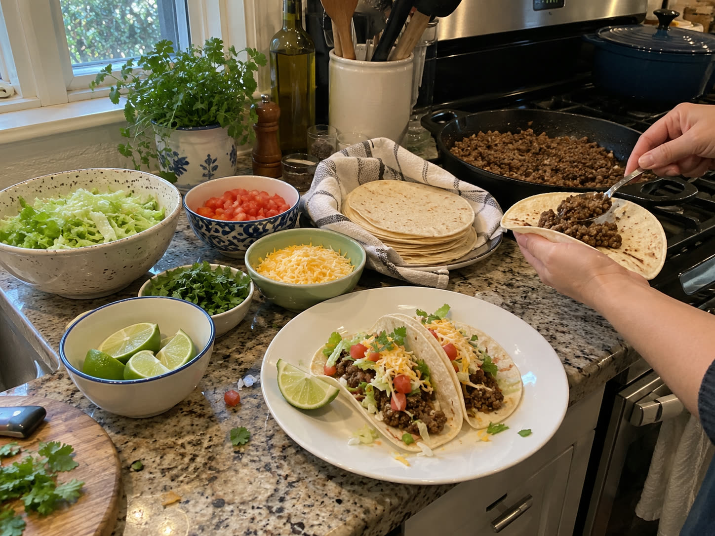 Ground beef and taco spices simmering together in a home skillet.