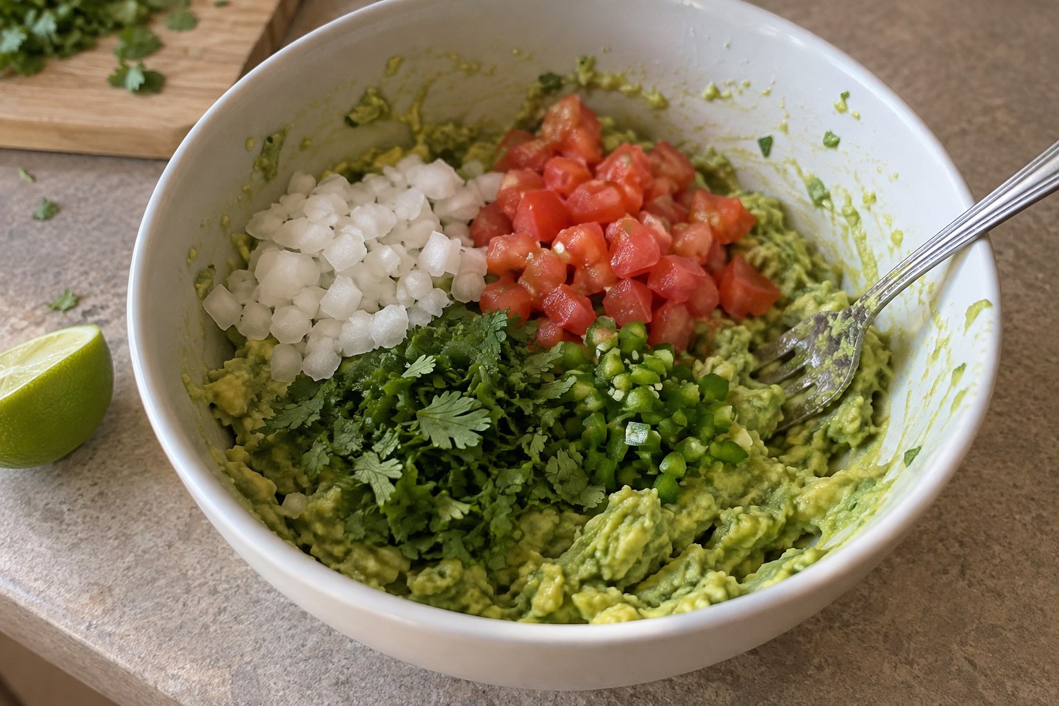 Homemade guacamole ingredients with diced tomato, onion, cilantro and jalapeño before mixing.