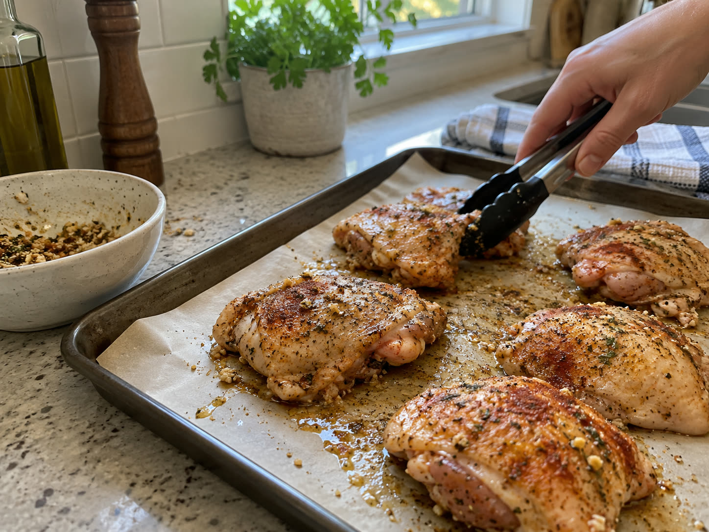 Chicken pieces being coated in seasoned panko at a home kitchen counter.