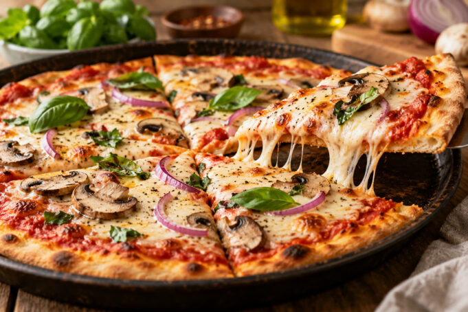 Easy homemade pizza with bubbling mozzarella, tomato sauce, basil, and a crisp golden crust.