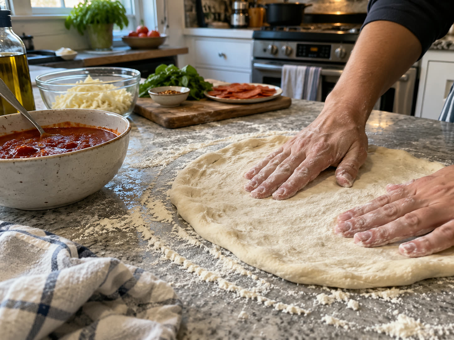 Hands stretching homemade pizza dough on a floured kitchen counter.