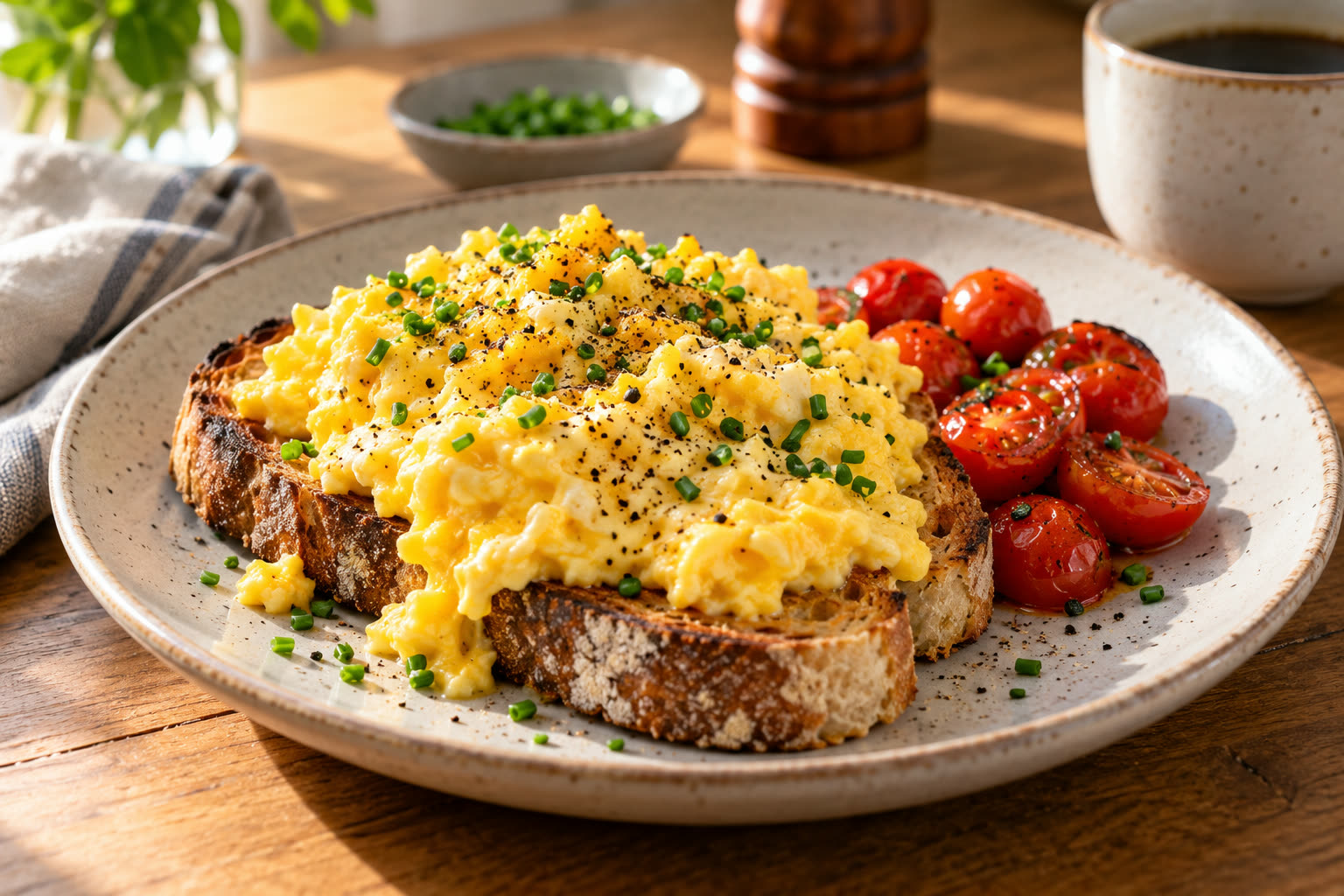Fluffy scrambled eggs recipe cooked soft and served warm.