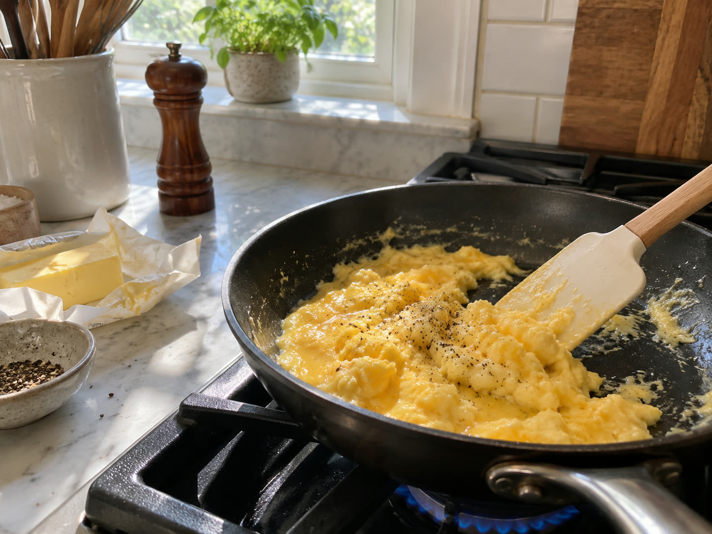 Fluffy scrambled eggs recipe cooked gently until soft and creamy