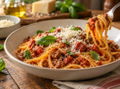 Spaghetti with Meat Sauce: Easy Weeknight Recipe Spaghetti with meat sauce and Parmesan served in a bowl.