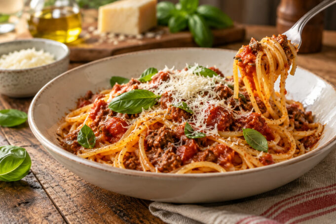 Spaghetti with meat sauce and Parmesan served in a bowl.