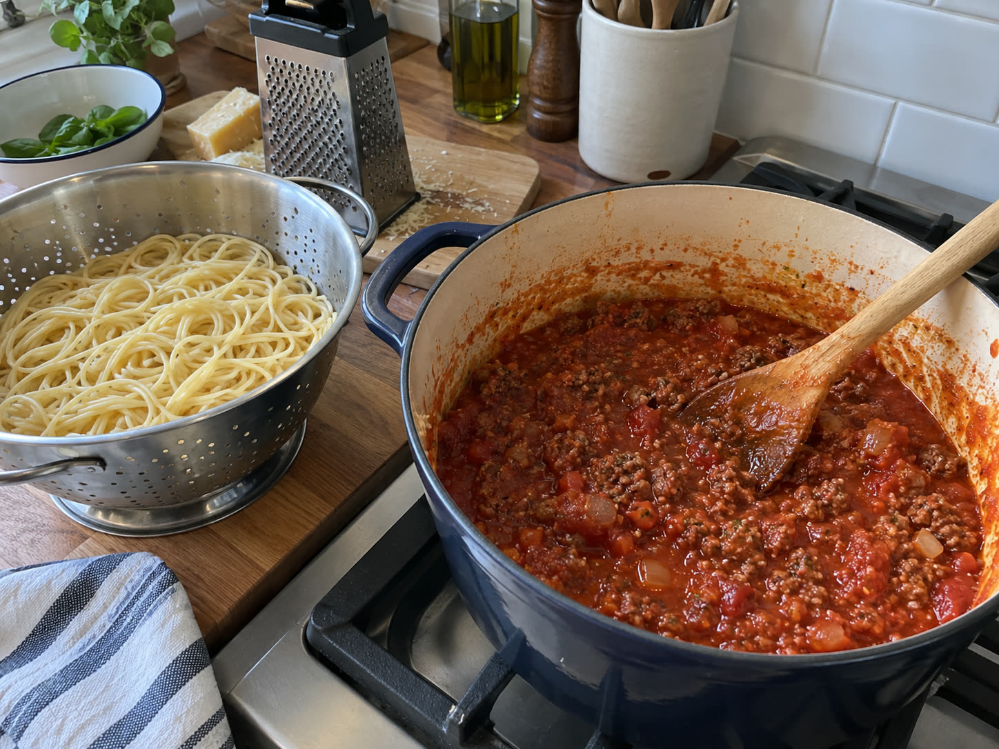 Ground beef and tomato sauce simmering in a skillet for spaghetti.