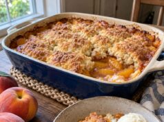 Southern Peach Cobbler with Buttery Biscuit Topping Southern peach cobbler baked with bubbling peaches and golden biscuit topping